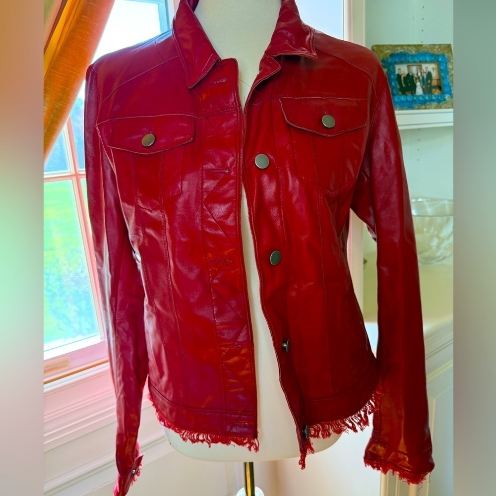 JKT NYC Alexa Patina Leather Jacket Frayed Hem Deep Red size large - Picture 2 of 8